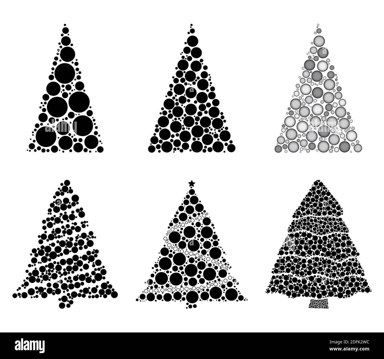 Abstract christmas tree silhouettes made from many dots collection. Set of fir tree made with black circles. Good for retro or vintage xmas card, bann Stock Vector