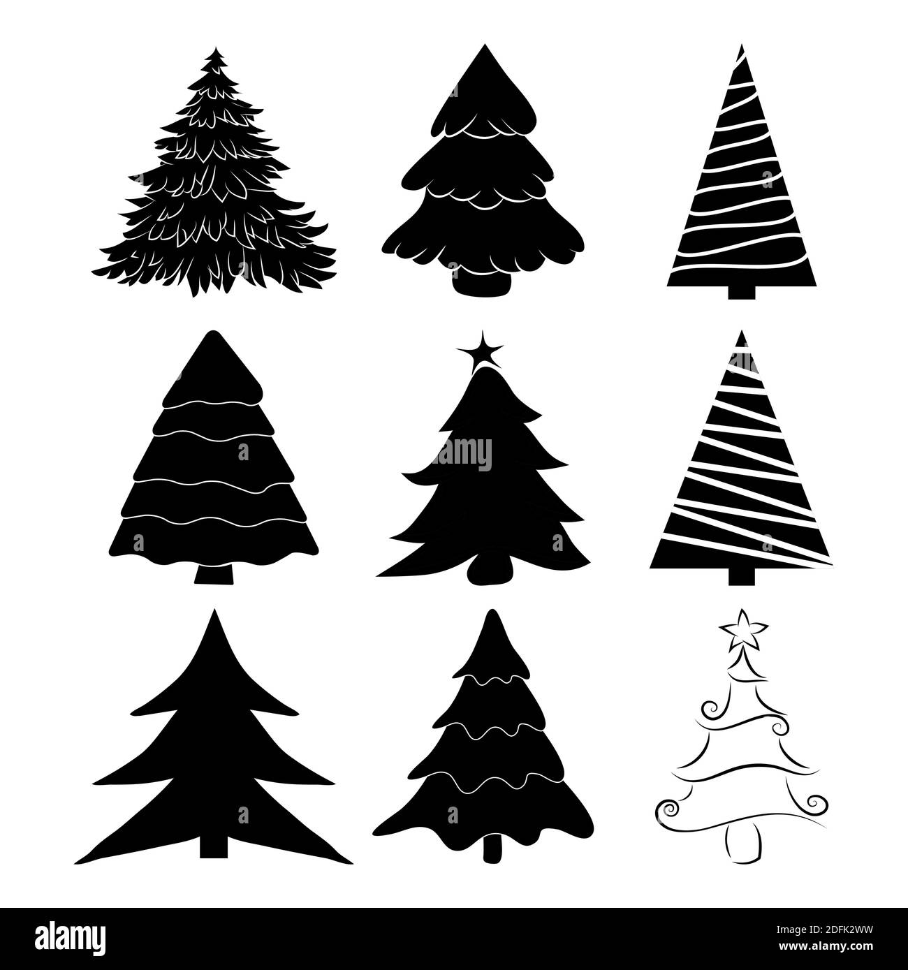 Christmas tree silhouettes set. Black pines icon for xmas card or invitation. Symbol of december. Collection of pine shapes design. Fir tree illustrat Stock Vector