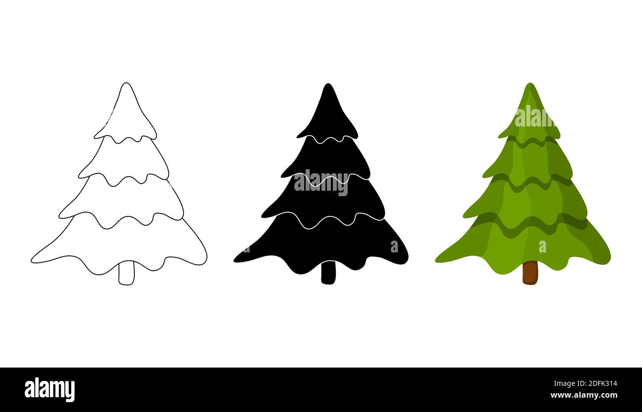 Christmas tree illustration set. Collection vector fir tree isolated on white background. Cartoon, outline and silhouette design. Icon or symbol for w Stock Vector