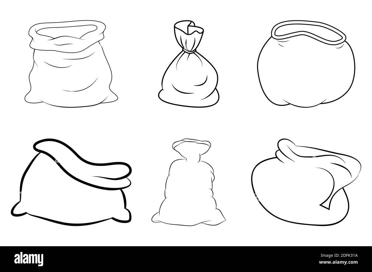 Santa sack outline set. Contour shape of santa claus bag. Vector icon, symbol, design. Empty and full. Open and closed.  Line art xmas drawing collect Stock Vector