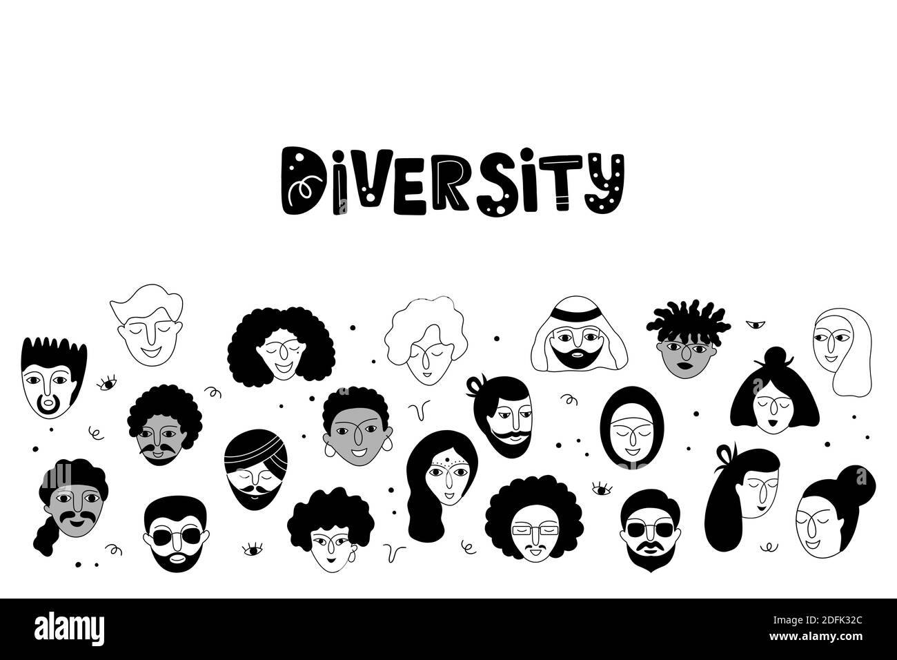 Social diversity. Vector illustration with various people faces presenting person team diversity in the company. Stock Vector