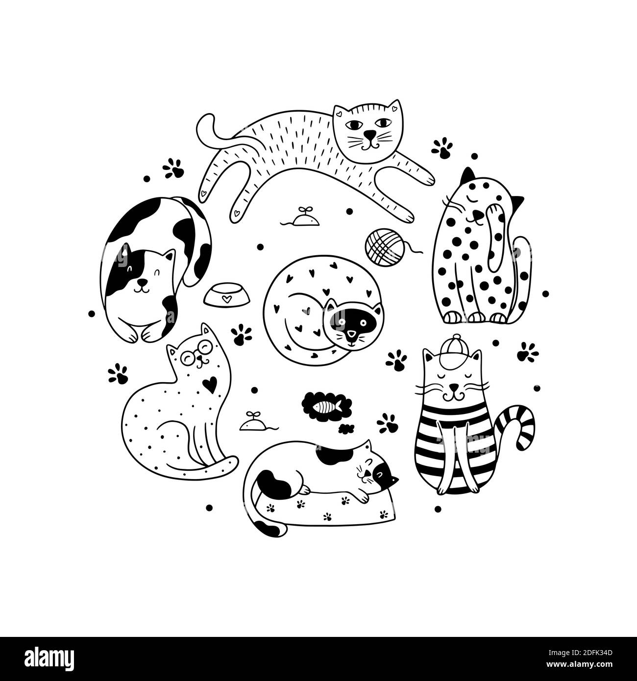 Set of 7 hand-drawn cats isolated on a white background. Round ornament with pets, paws, dots. Stock Vector