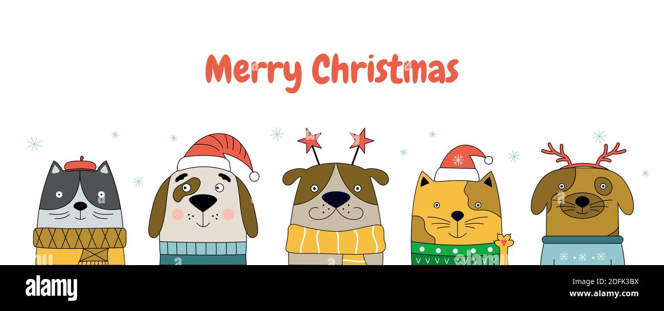 Merry Christmas vector illustration with cats and dogs. Christmas banner for pet shop web site. Stock Vector