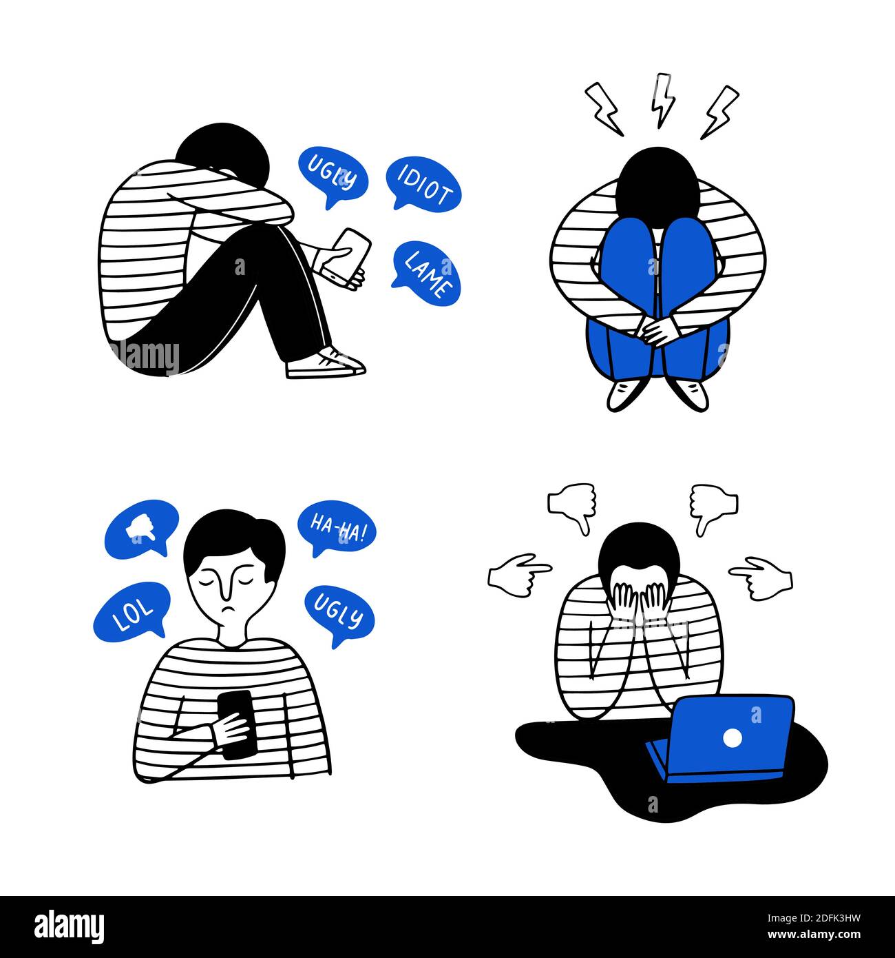 Cyberbullying theme with a sad guy. Internet abuse. Vector doodle illustration. Stock Vector