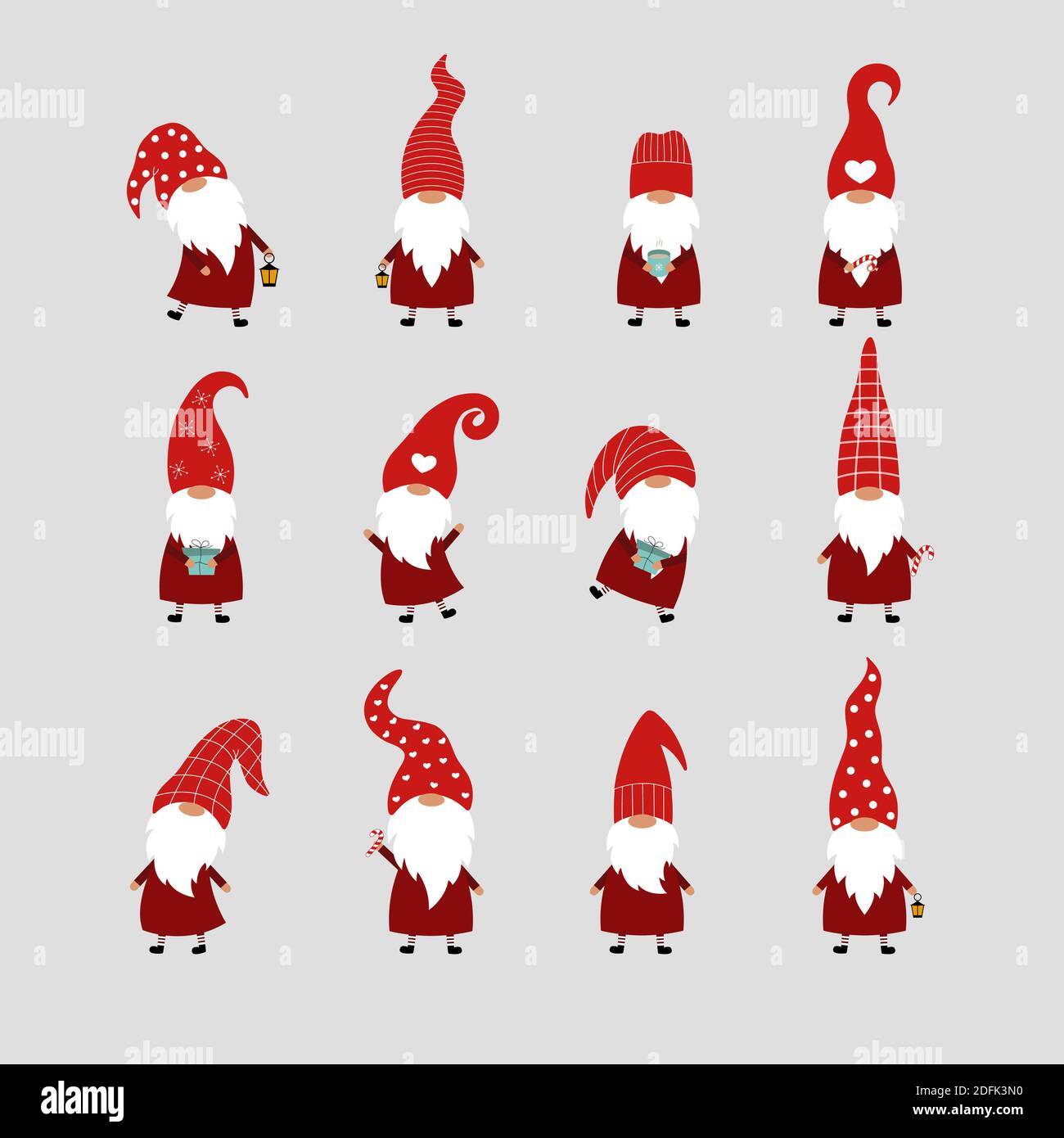 Set of 12 Christmas gnomes on a gray background. Vector card with gnomes in red hats. Stock Vector