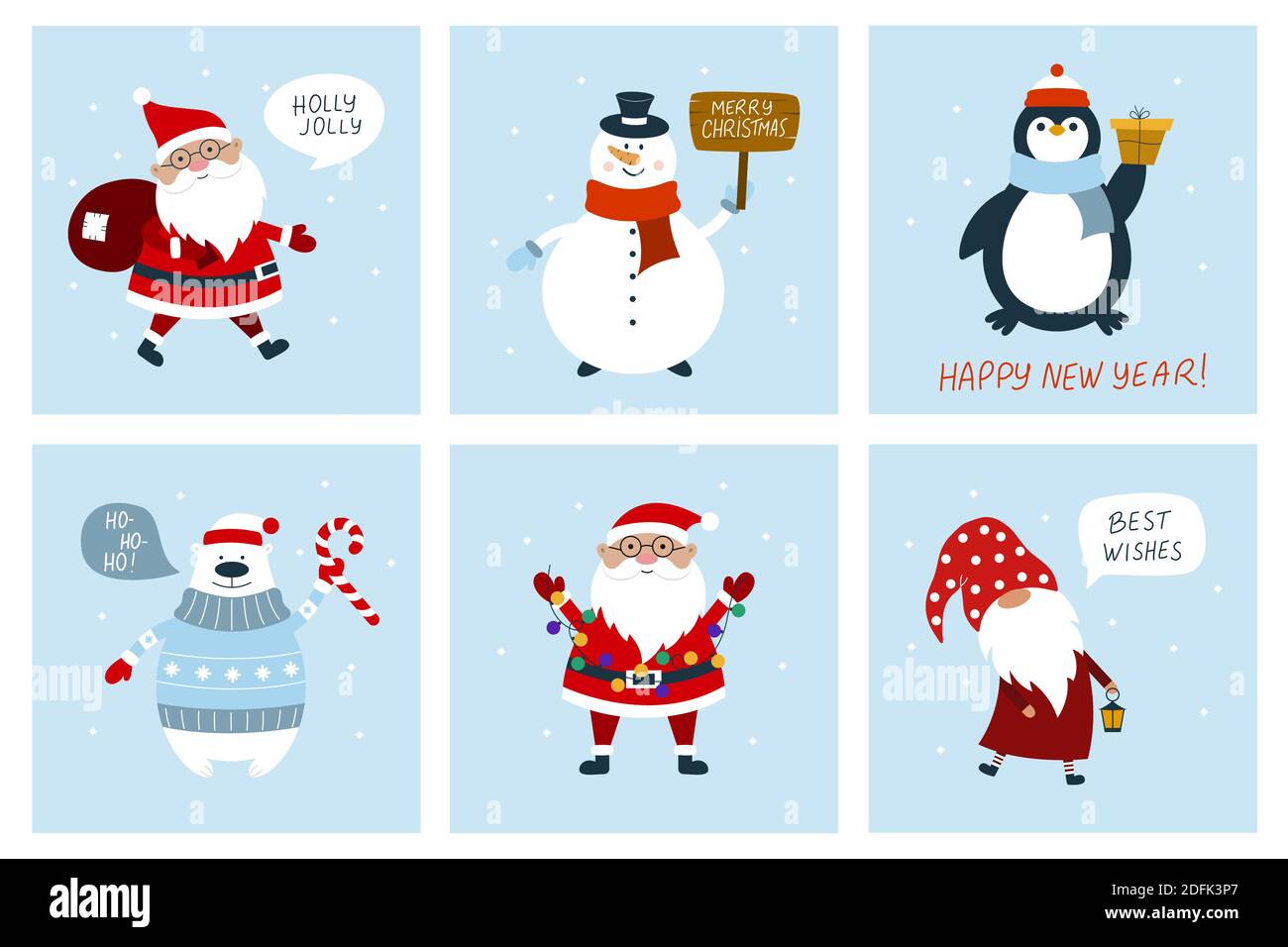 Christmas cards with snowman, gnome, polar bear, Santa Clause, penguin. Flat vector illustration in cartoon style. Stock Vector