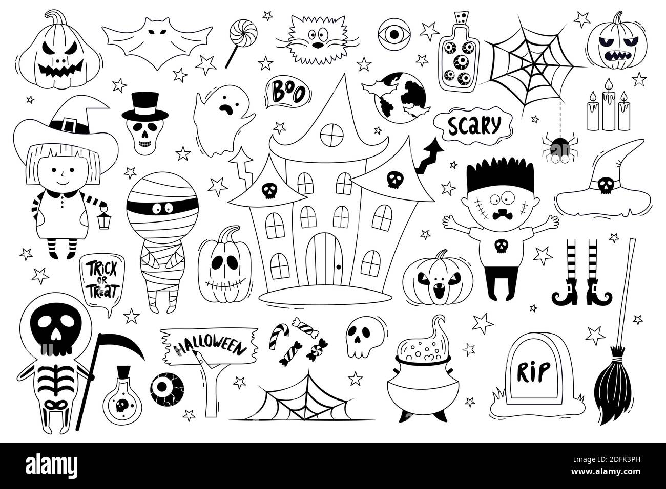 Halloween objects collection. Hand-drawn vector illustration with pumpkins, tombstone, skull, mummy, witch, ghost house, dracula and etc.  It can be u Stock Vector