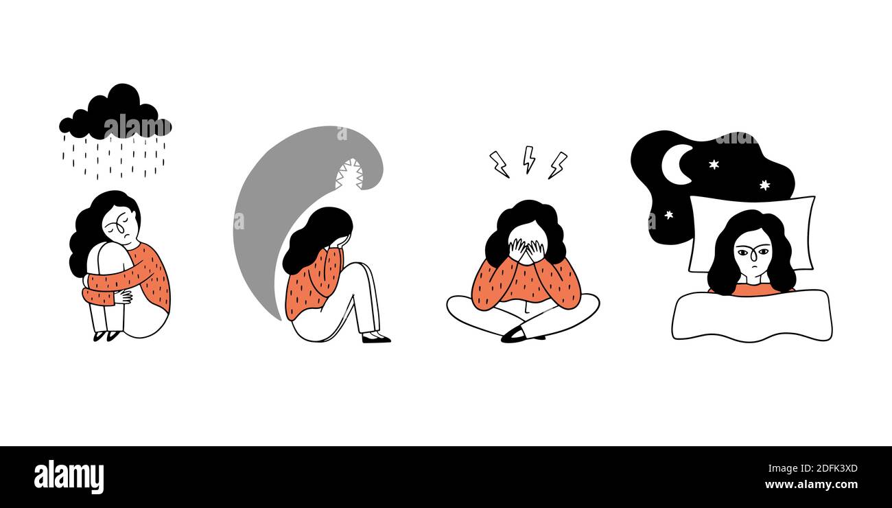 allkinds of girls.com A set of girls suffering from all kinds of psychological disorders such as  depression, insomnia, stress, phobia. Vector hand-drawn illustration isolat  Stock Vector Image & Art - Alamy