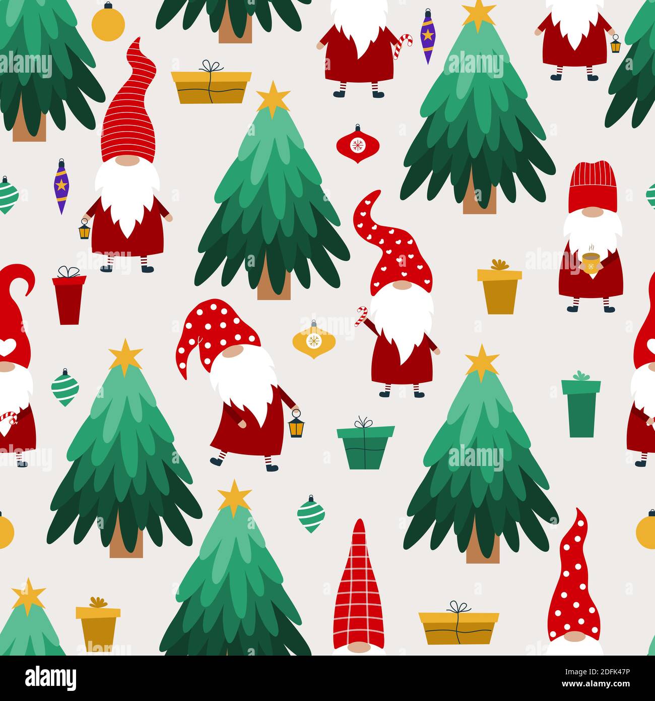 Christmas background consists of gnomes, gifts, balls, Christmas tree.  Vector hand-drawn background for packaging, textiles, wallpaper Stock  Vector Image & Art - Alamy