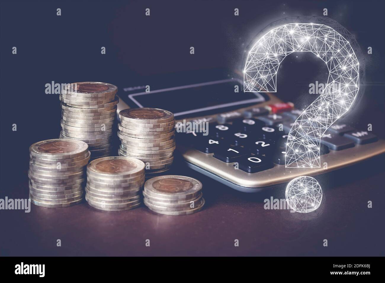 Coins Stack, calculator and virtual gologram of question marks. Concept  Savings money and income Investment ideas and financial management for the  fut Stock Photo - Alamy