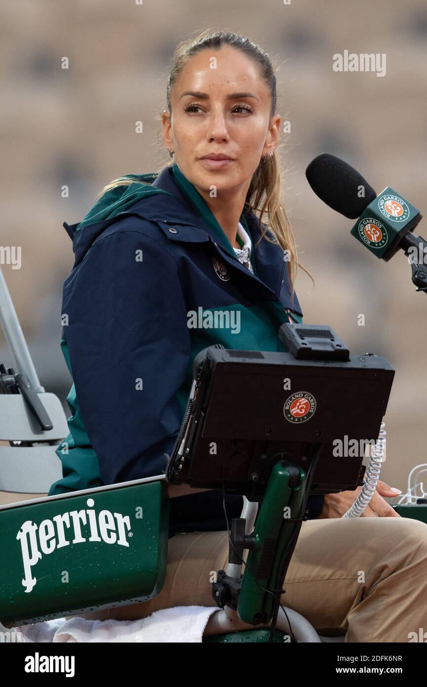 Chair Umpire Marijana Veljovic looks on the Men's Singles third round match  between Hugo Gaston of France against Stan Wawrinka of Switzerland on day  six of the 2020 French Open at Roland