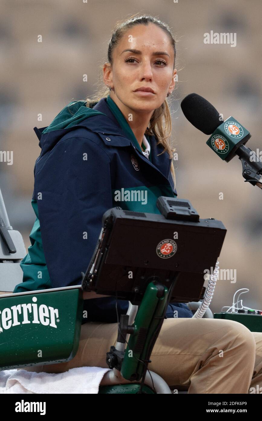 Chair Umpire Marijana Veljovic looks on the Men's Singles third round match  between Hugo Gaston of France against Stan Wawrinka of Switzerland on day  six of the 2020 French Open at Roland
