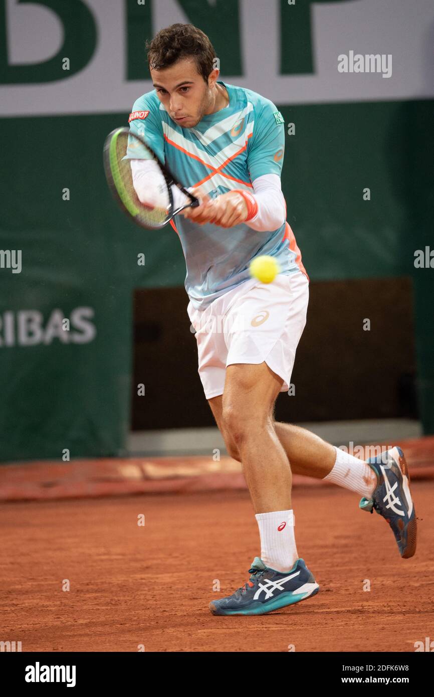 Hugo Gaston of France during his Men's Singles third round match against Stan  Wawrinka of Switzerland on day six of the 2020 French Open at Roland Garros  on October 02, 2020 in