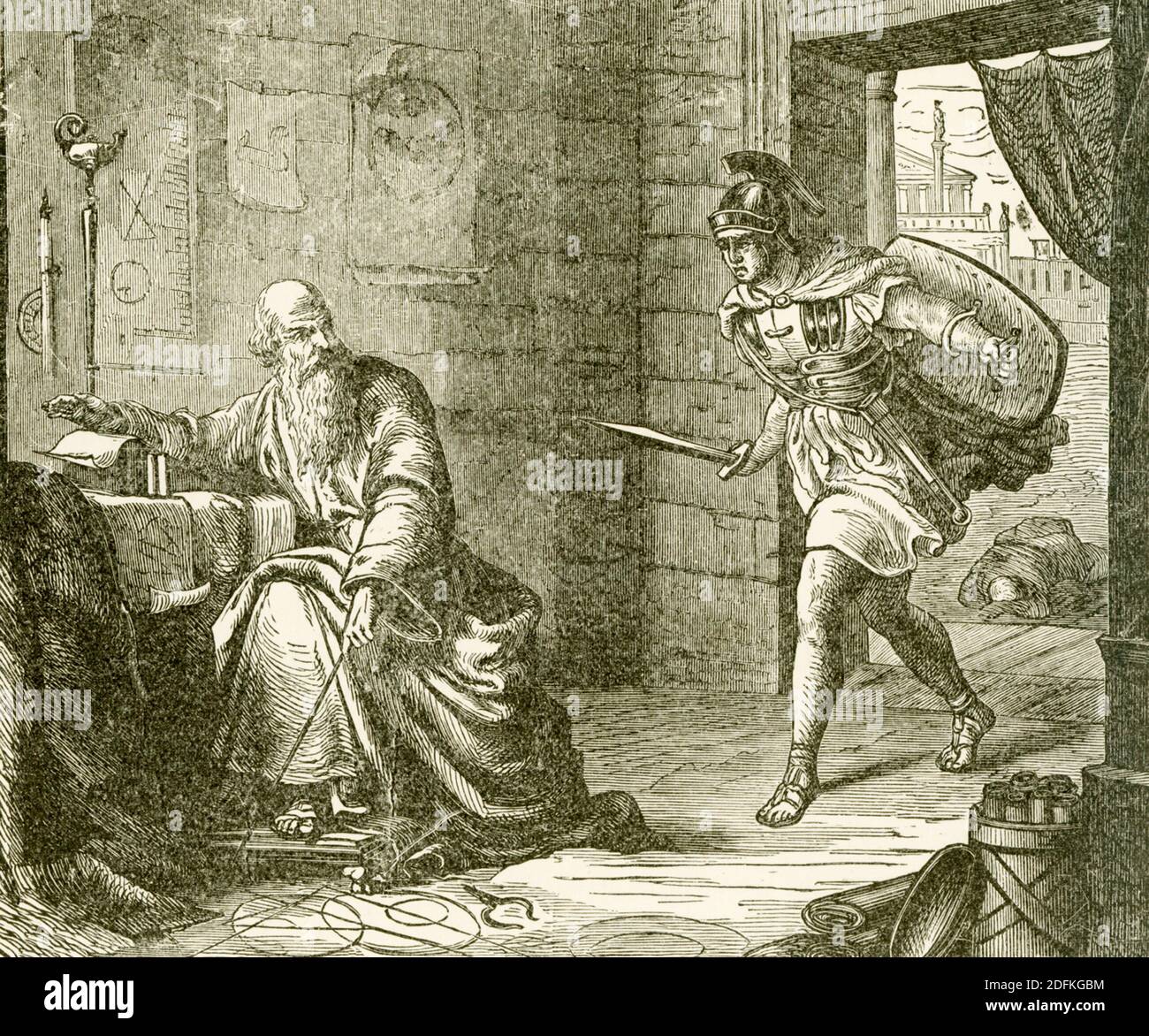 This illustration dates to the late 1800s and shows the death of Archimedes (c. 212 B.C.). Archimedes is considered one of the world’s master mathematicians. His mechanical inventions enabled his native city, Syracuse, to withstand a Roman siege for three years. When the city was finally stormed, the mathematician was so intent upon a problem, according to an historical account, that he heard nothing of the tumult. The Roman soldiers had been given special orders to spare and protect the renowned genius. But when a soldier, bursting in on him and asked questions, the sage’s only answer was a w Stock Photo