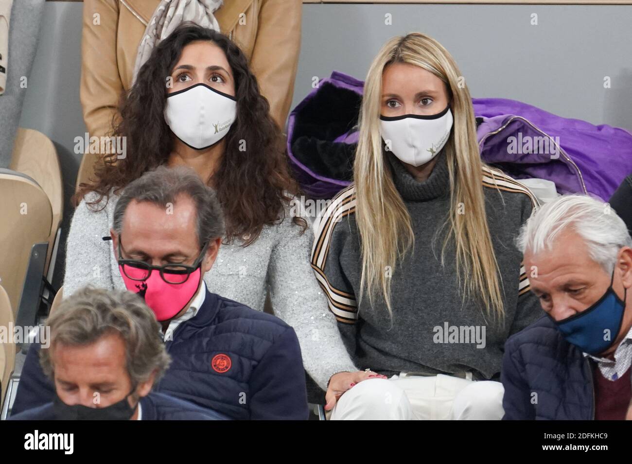 Rafael Nadal's wife, Xisca Perello and Nadal's sister, Maria Isabel attend  the Singles Final on Court Philippe-Chatrier during the French Tennis Open  Tennis at Roland Garros stadium on October 11, 2020 in