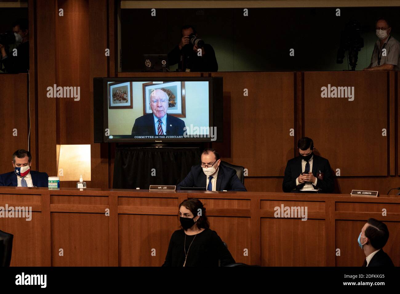 Senator Patrick Leahy (D-VT) is seen speaking on a tv remotely during Judge Amy Coney Barrett's Senate confirmation hearing to the Supreme Court on Capitol Hill in Washington, DC on October 13, 2020. Photo by Erin Schaff/Pool/ABACAPRESS.COMNYTACB Stock Photo