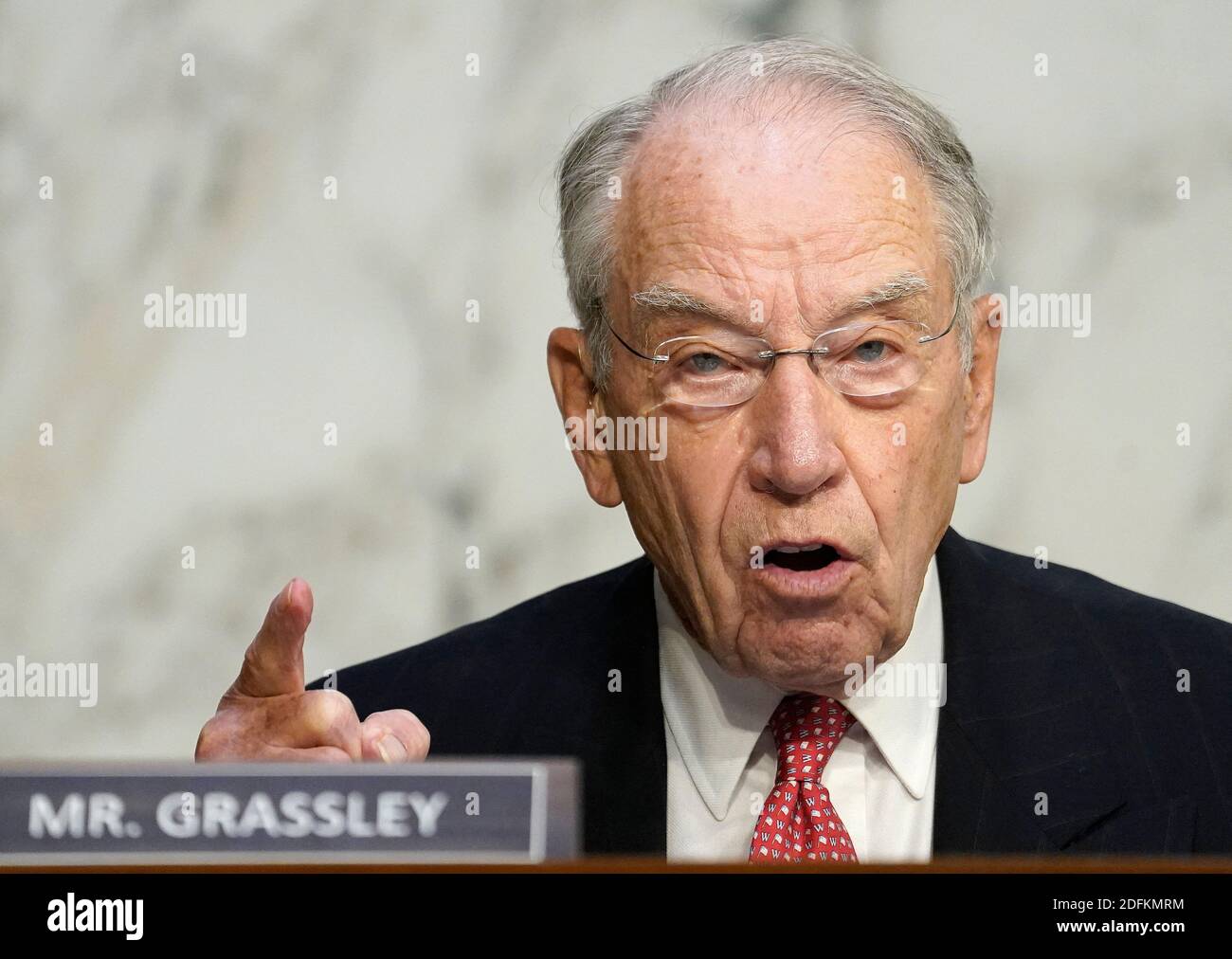 WASHINGTON, DC - OCTOBER 14: Sen. Chuck Grassley (R-IA) speaks during the Senate Judiciary Committee confirmation hearing for Supreme Court nominee Amy Coney Barrett on Capitol Hill on October 14, 2020 in Washington, DC. Barrett was nominated by President Donald Trump to fill the vacancy left by Justice Ruth Bader Ginsburg who passed away in September. Photo by Drew Angerer/Pool/ABACAPRESS.COM Stock Photo