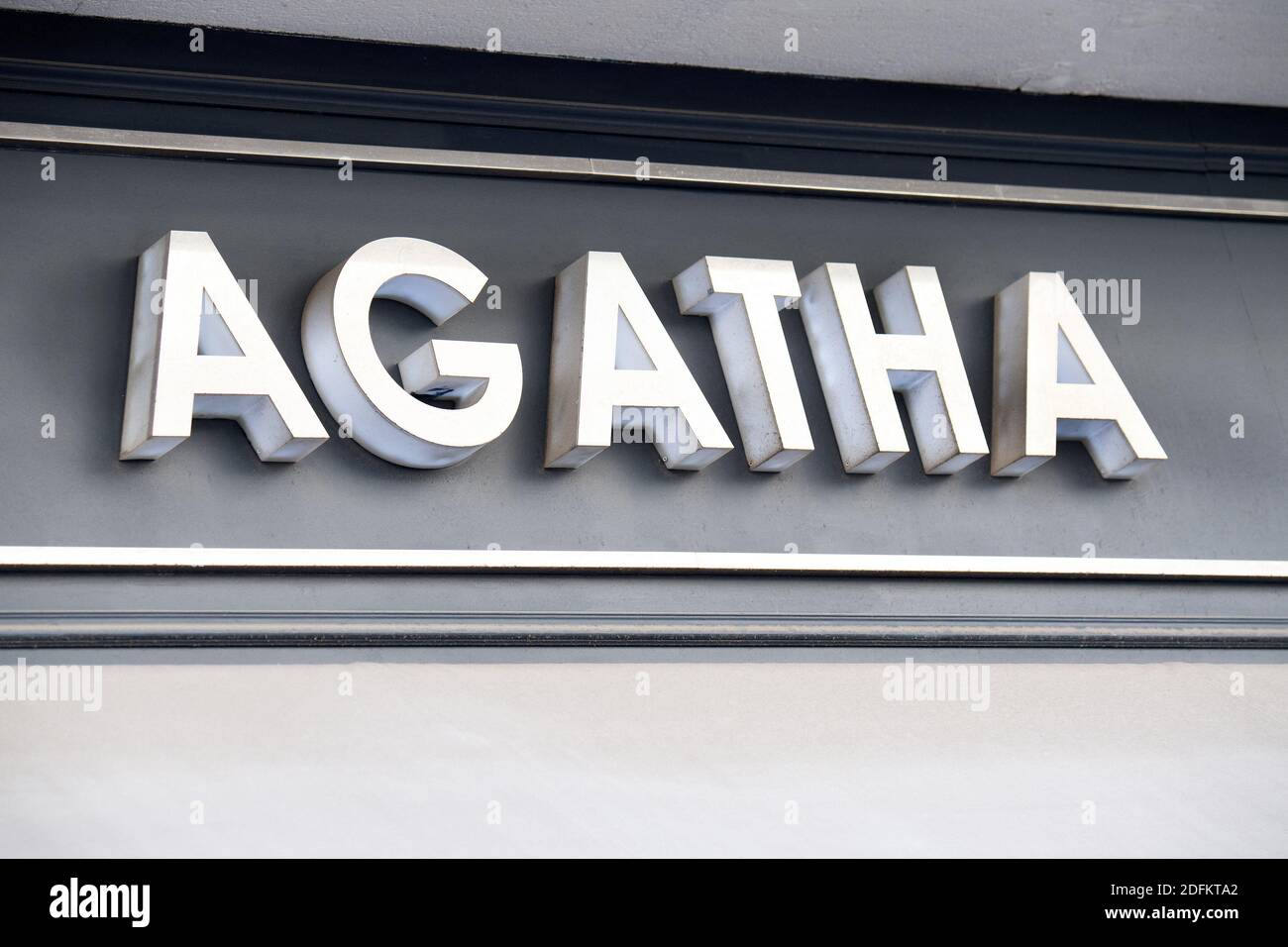 A shop sign of AGATHA, on October 13, 2020 in Cannes, France. Photo by ...