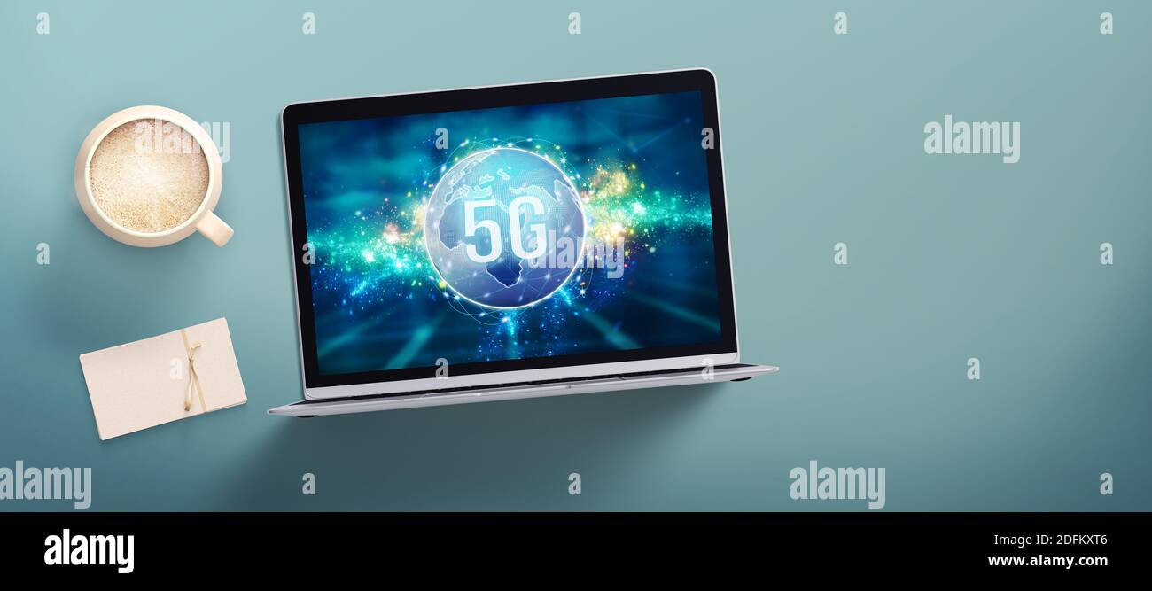 computer showing a cloud with a world map and message 5G floating in front an abstract grid pattern Stock Photo