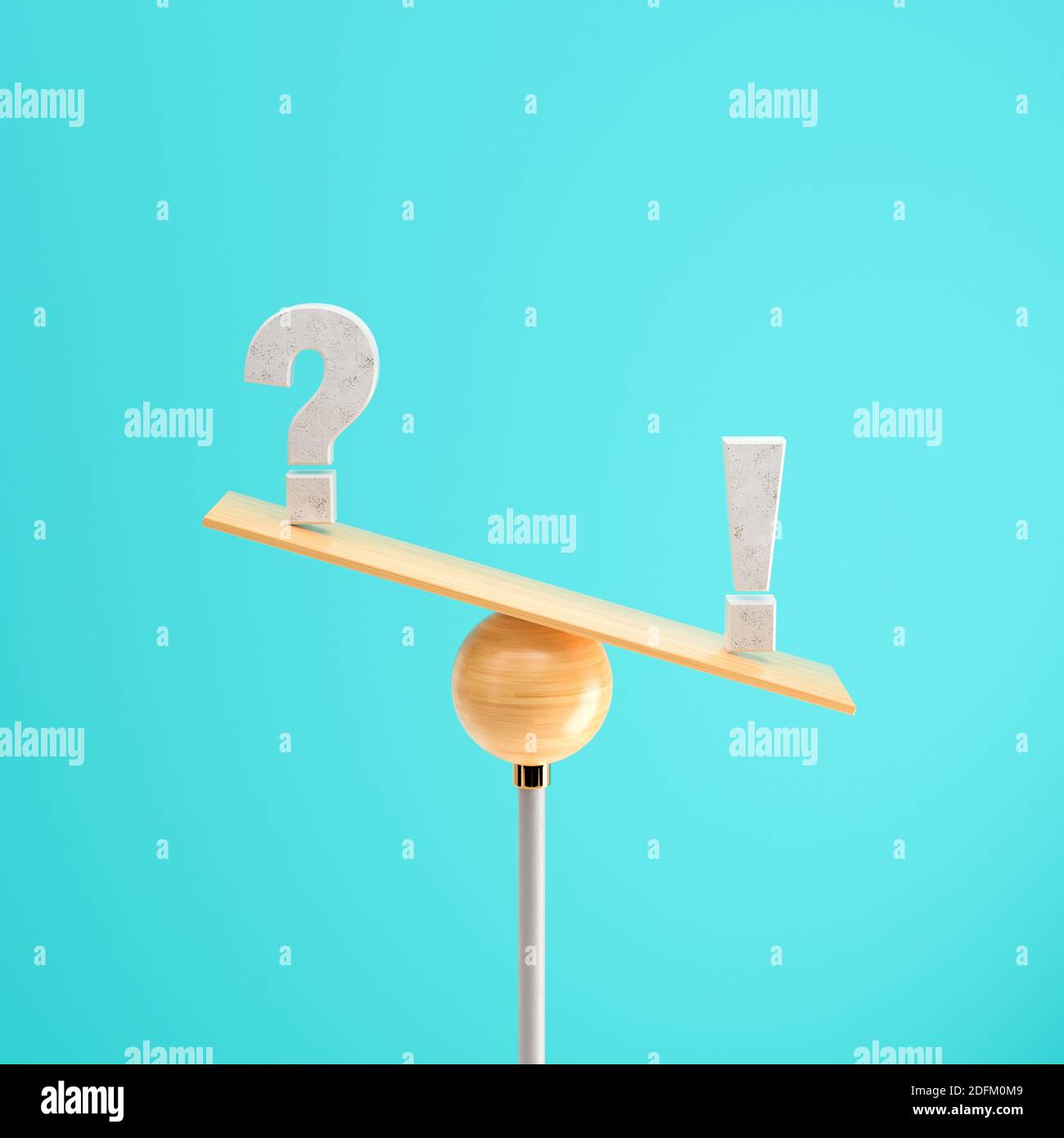 wooden scale balancing a question mark and an exclamation mark tipping more the right side on