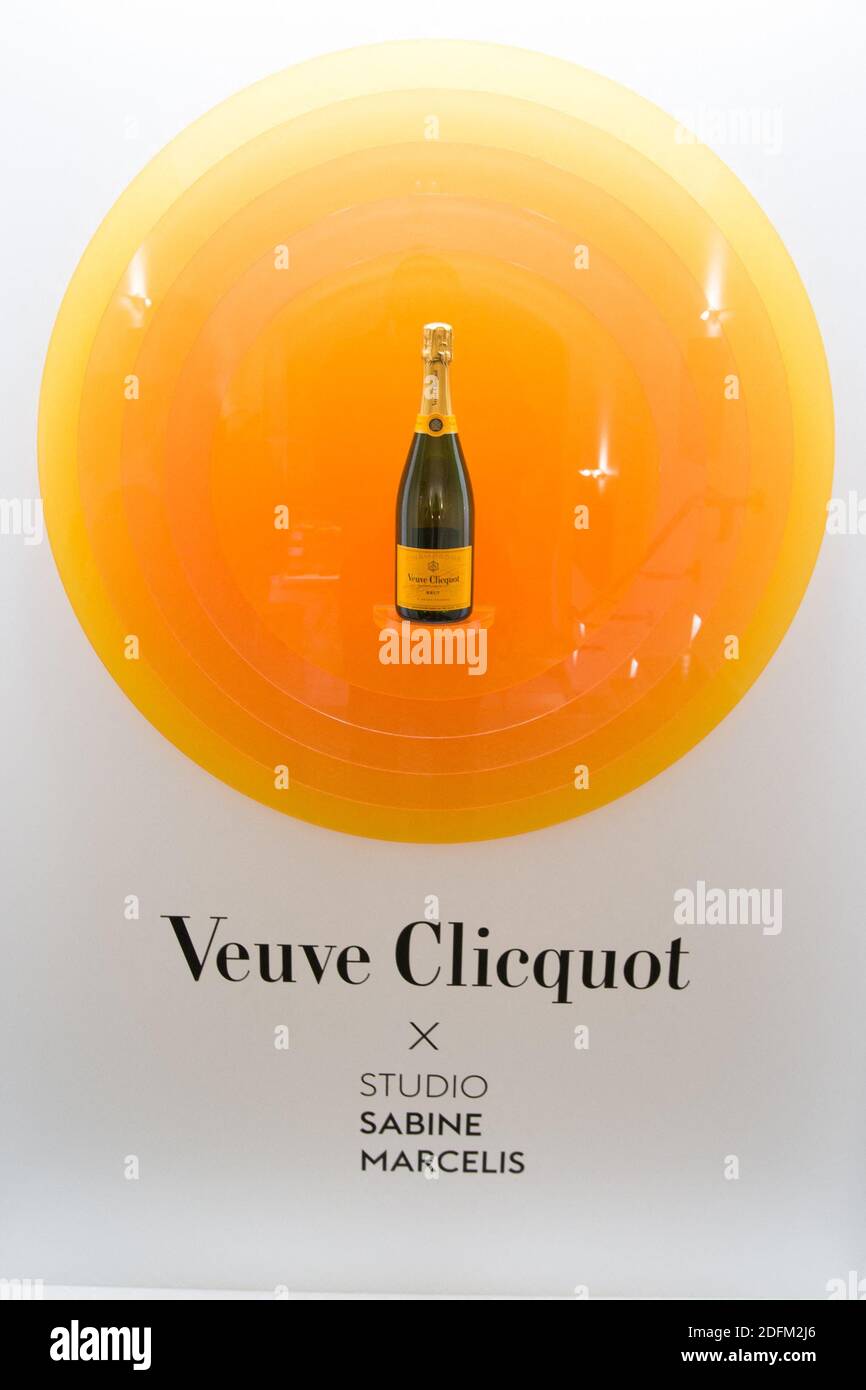 A picture taken on October 25, 2020 in Reims, northeastern France, shows  the logo and facade of Veuve Clicquot champagne on the gates around the  cellars. Veuve Clicquot is a branch of