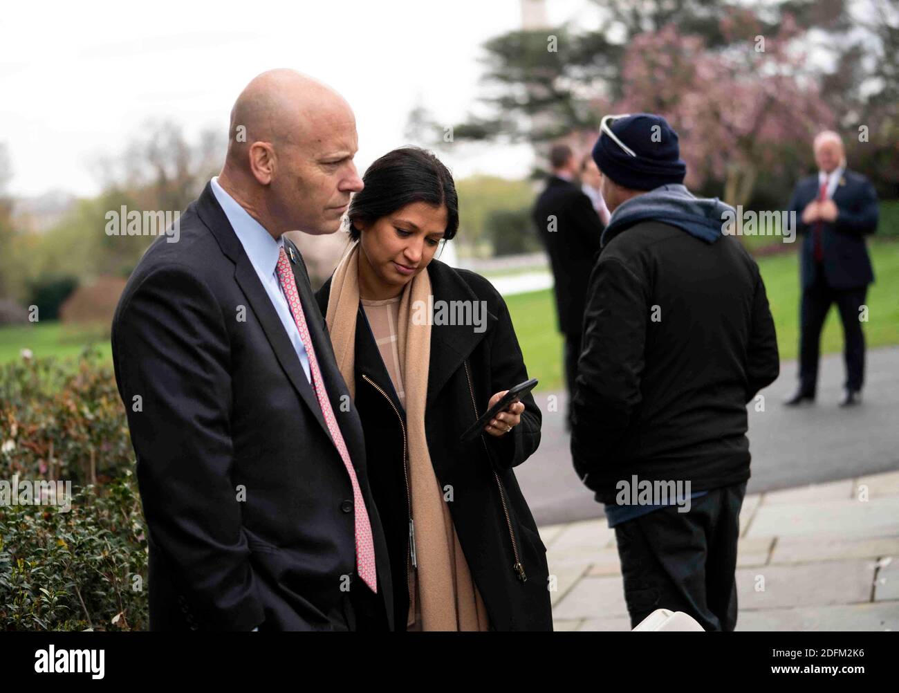 File photo dated March, 24, 2020 of Marc Short, Chief of Staff for Vice President Mike Pence, left, talks with Katie Miller, Vice President Mike Pence's press secretary, in the Rose Garden of the White House. At least five people in Vice President Mike Pence's orbit have tested positive for coronavirus in recent days, including chief of staff Marc Short. Vice President Mike Pence and second lady Karen Pence each tested negative for coronavirus on Sunday, a White House official said. Photo by Doug Mills/Pool/ABACAPRESS.COM Stock Photo