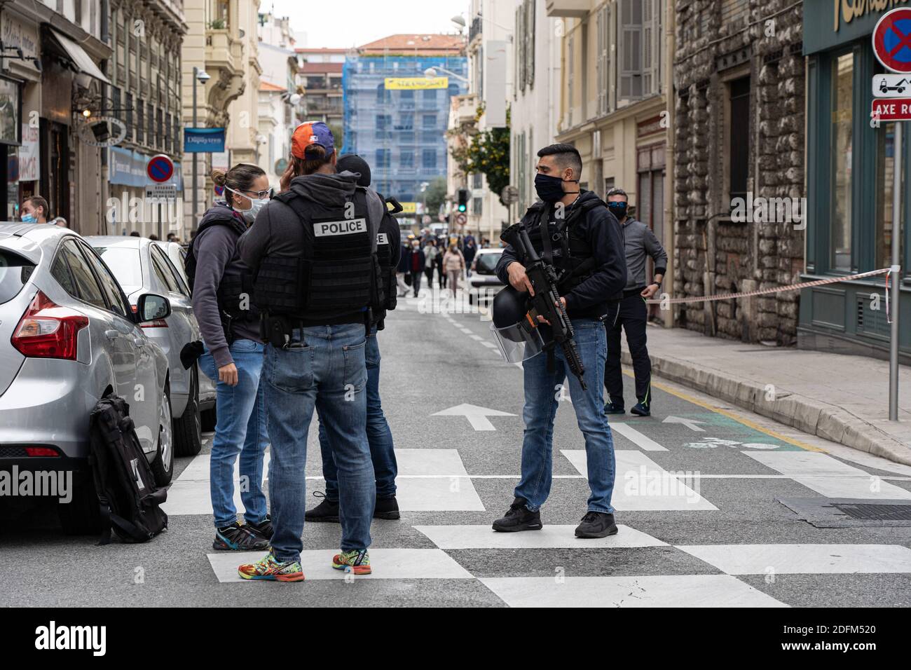 People after a knife attack in Nice on October 29, 2020. France's national anti-terror prosecutors said Thursday they have opened a murder inquiry after a man killed three people at a basilica in central Nice and wounded several others. The city's mayor, Christian Estrosi, told journalists at the scene that the assailant, detained shortly afterwards by police, 'kept repeating 'Allahu Akbar' (God is Greater) even while under medication.' He added that President Emmanuel Macron would be arriving shortly in Nice. Photo by Florent Bardos/ABACAPRESS.COM Stock Photo