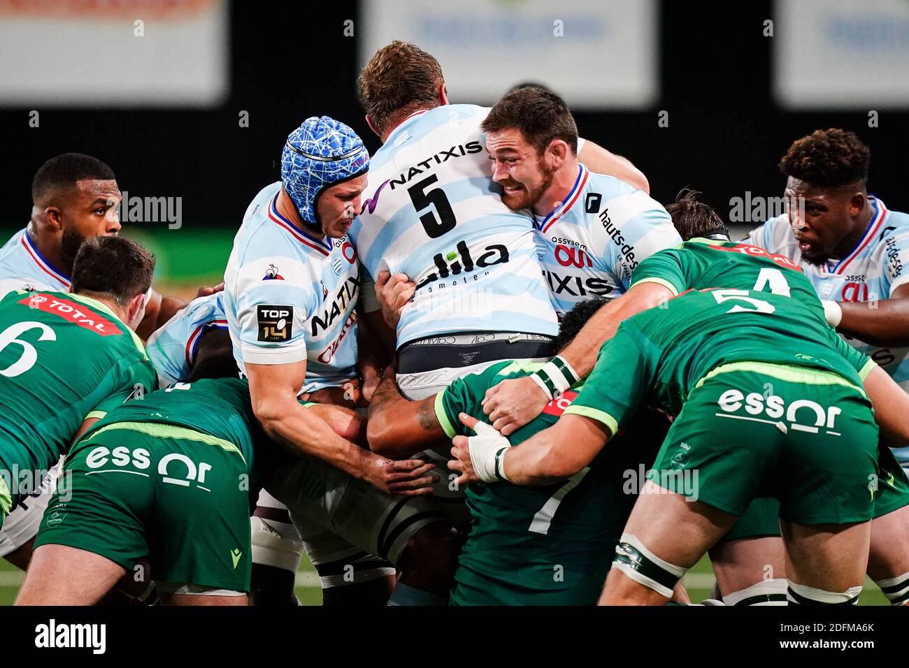 Wenceslas Lauret, Dominic Bird and Fabien Sanconnie (R92) in action during  the rugby TOP 14 match between Racing 92 (R92) and Pau (SP) at the Paris La  Defense Arena, in Nanterre, France
