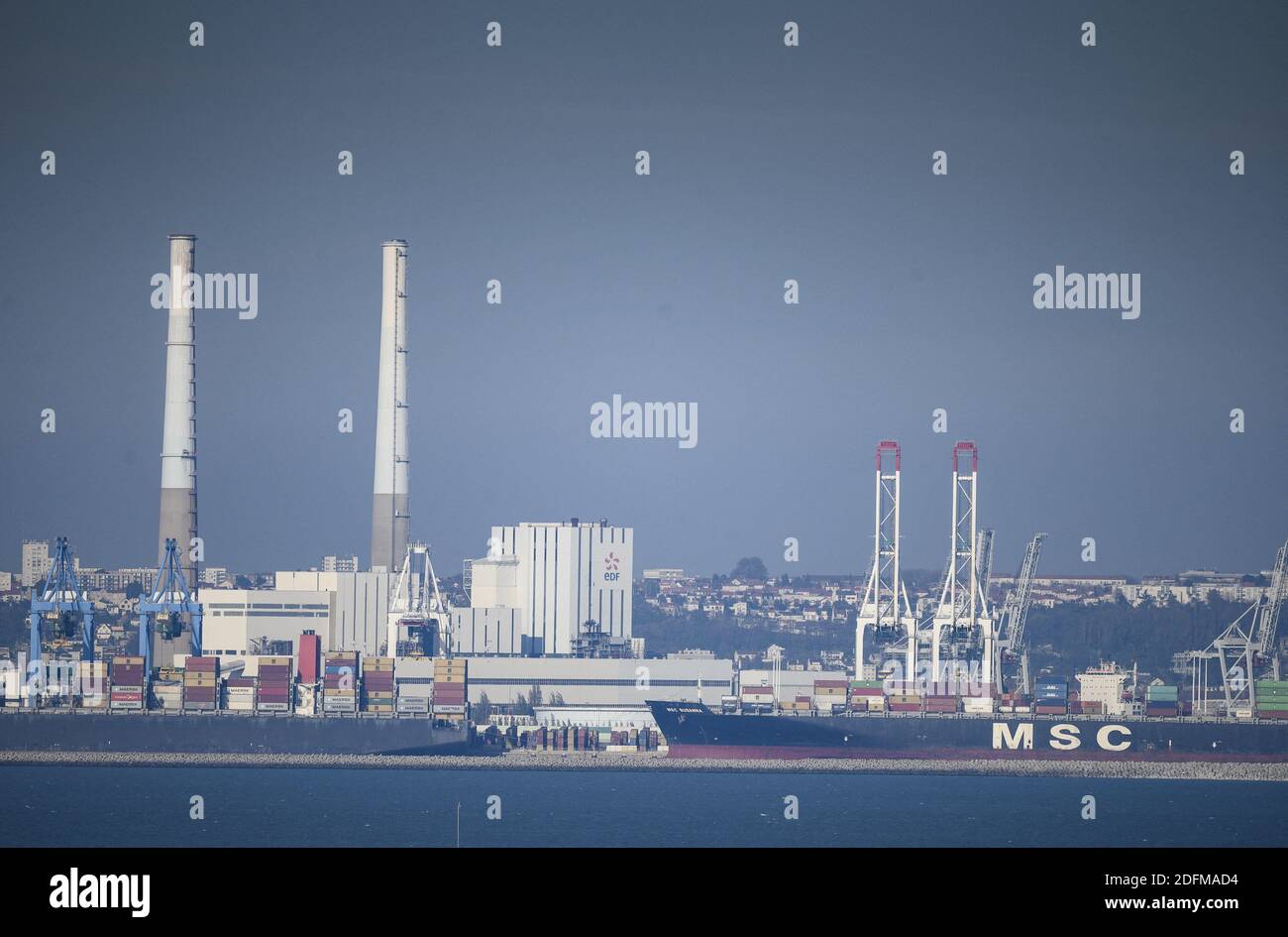 Genral view of Le Havre harbor with MSC Ship ( Container holder or Supertankers ) on November 06, 2020 in Le Havre, France. Photo by ELIOT BLONDET/ABACAPRESS.COM Stock Photo