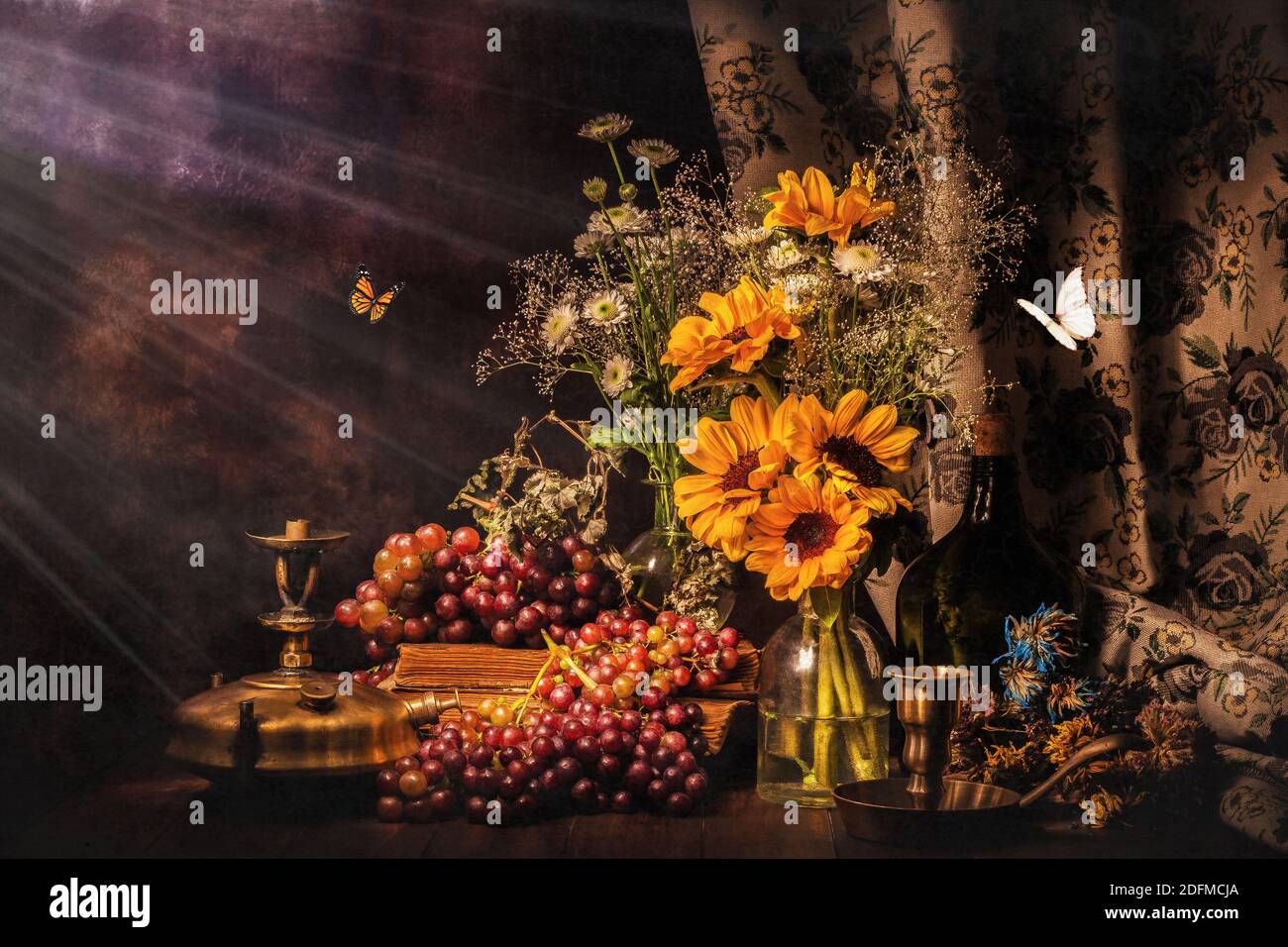 Still Life of Fruits and Flowers, photographic pictorial genre adapted to Baroque naturalism and caravaggism Stock Photo