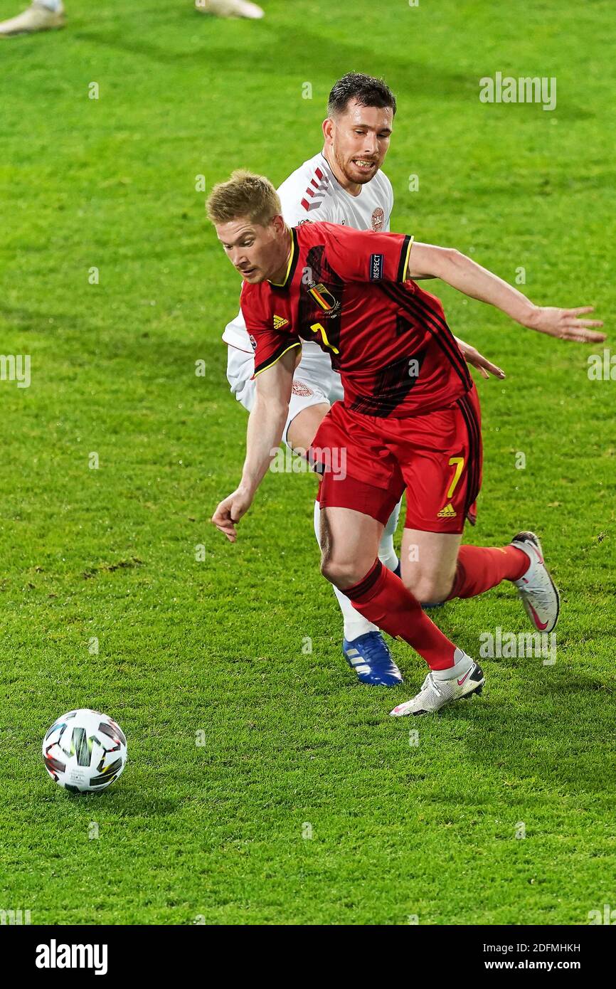 Pierre-Emile Hojbjerg of Denmark and Kevin De Bruyne of Belgium during the UEFA Nations League group stage match between Belgium and Denkmark at King Power at Den Dreef Stadion on November 18, 2020 in Heverlee, Belgium. Photo by Sylvain Lefevre /ABACAPRESS.COM Stock Photo