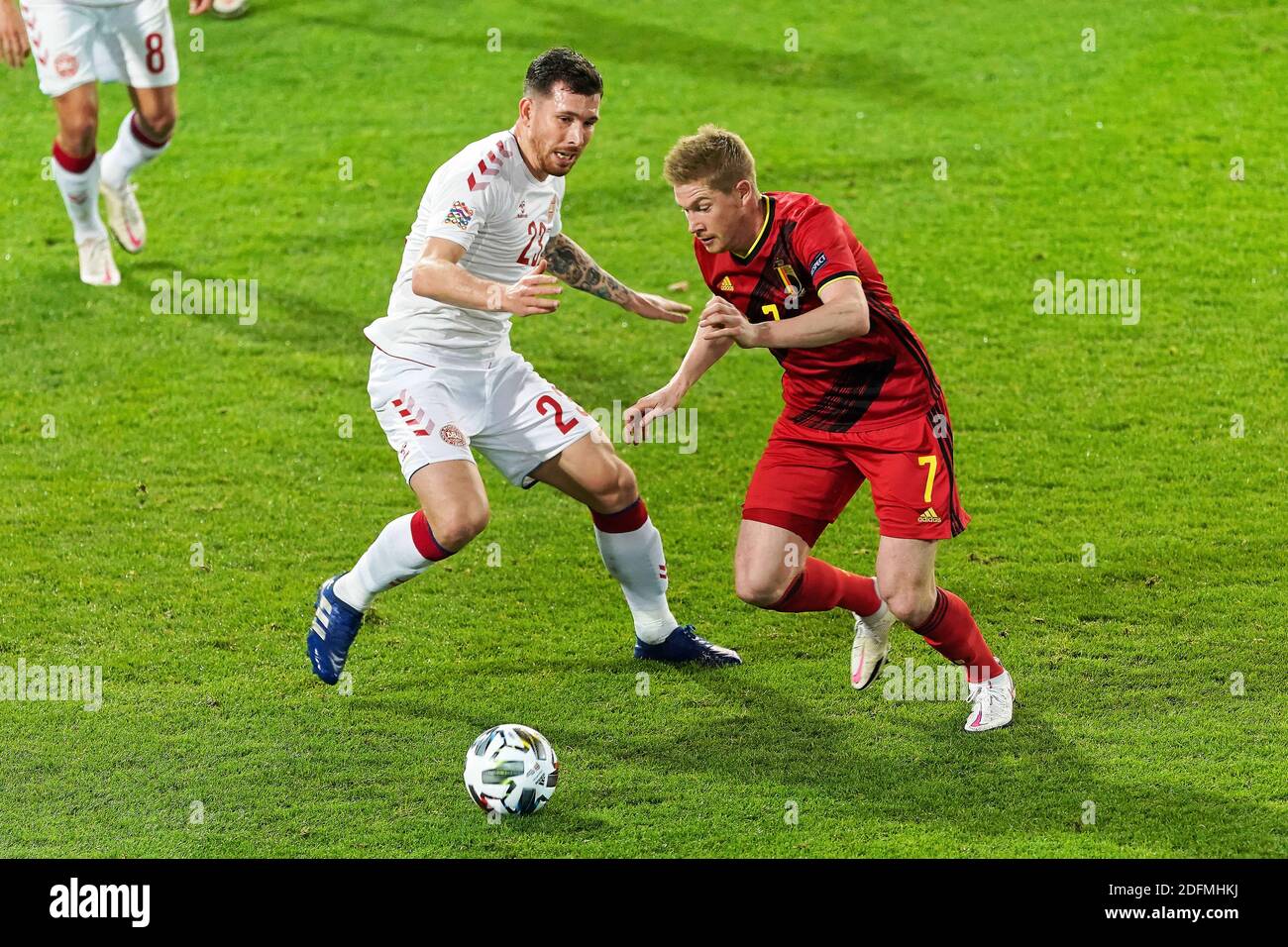 Pierre-Emile Hojbjerg of Denmark and Kevin De Bruyne of Belgium during the UEFA Nations League group stage match between Belgium and Denkmark at King Power at Den Dreef Stadion on November 18, 2020 in Heverlee, Belgium. Photo by Sylvain Lefevre /ABACAPRESS.COM Stock Photo