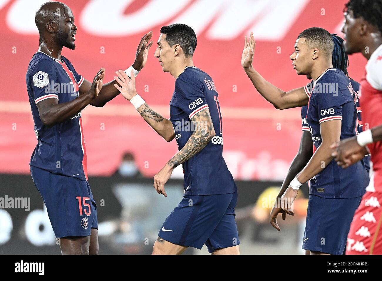 Kylian Mbappe Of Paris Saint Germain Celebrates His Goal With Angel Di Maria And Danilo Pereira Of Paris Saint Germain During The Ligue 1 Match Between As Monaco And Paris Saint Germain