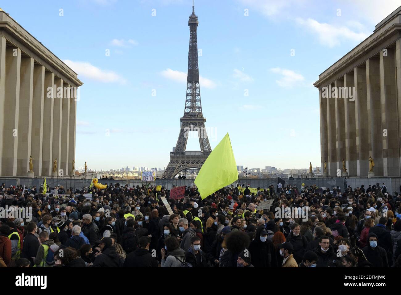 Protesters gather on Place du Trocadero near the Eiffel Tower to  demonstrate against the newly passed controversial global security law, in  Paris,The global security legislation passed by the French Parliament aims  to