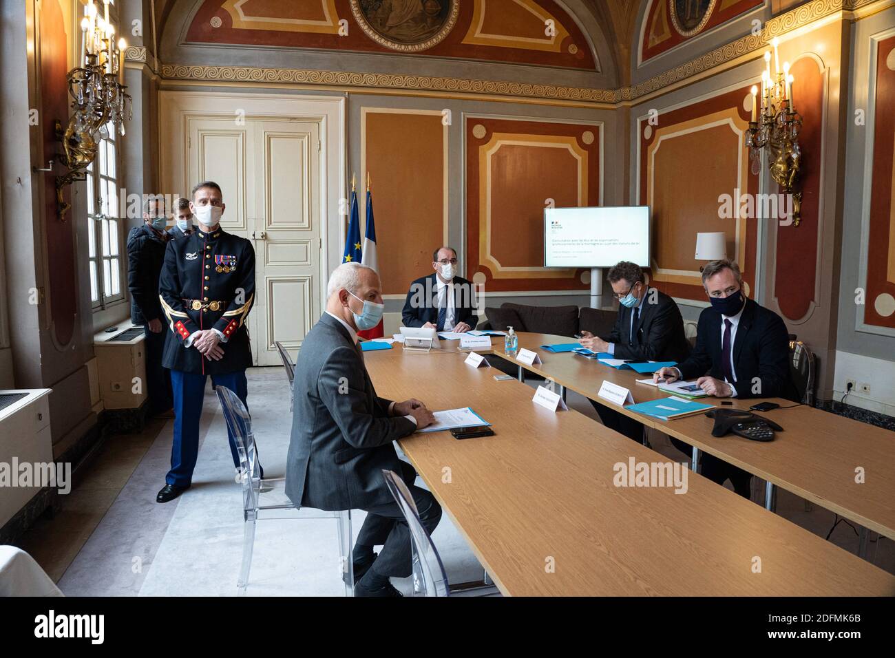 Jean Castex, Prime Minister, videoconference meeting with elected  representatives and mountain professional organisations, surrounded by  Jerome Salomon (L), Director General of Health, Nicolas Revel (2R),  director of Jean Castex's cabinet, and Jean