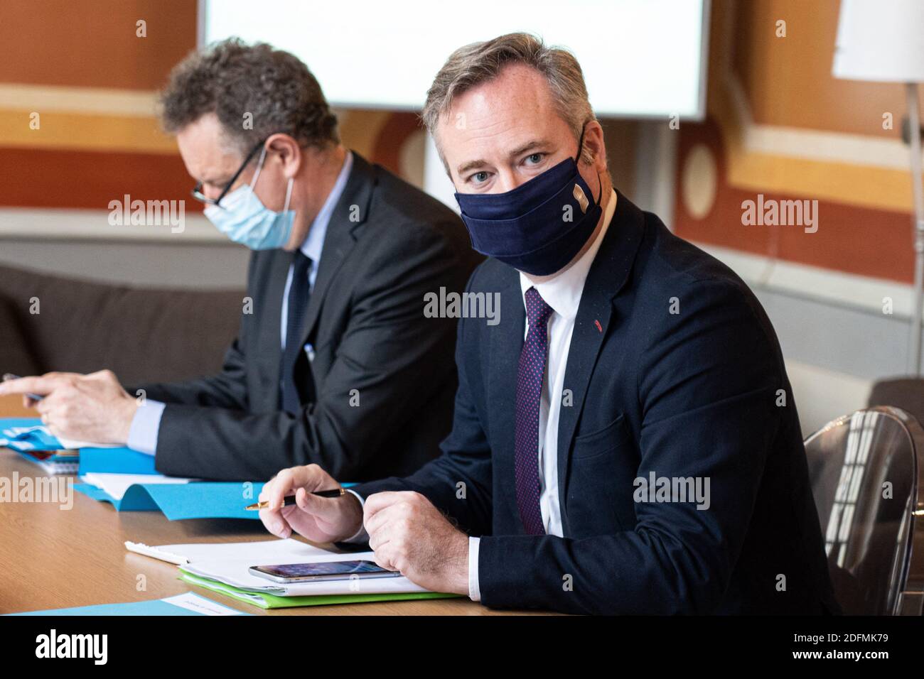 Jean-Baptiste Lemoyne (R), secretary of state for tourisme, and Nicolas  Revel (L), director of Jean Castex's cabinet, videoconference meeting with  elected representatives and mountain professional organisations. Paris,  France, 23 November 2020. Photo