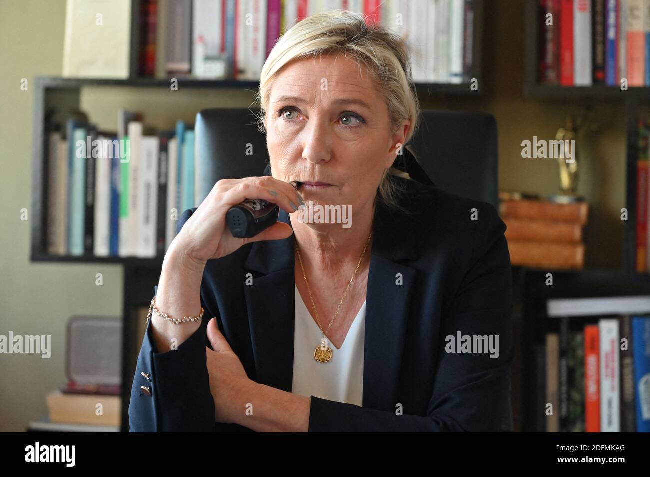 Head of far-right party Rassemblement National Marine Le Pen poses in his office in Paris France november 5, 2020. Photo by Elodie Gregoire/ABACAPRESS.COM Stock Photo