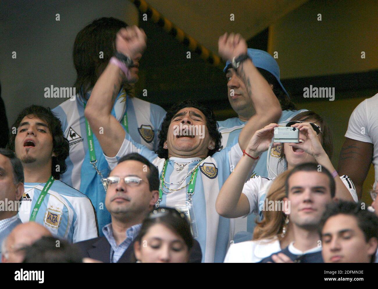 File photo - Argentina's soccer legend Diego Maradona and his daughter Giannina celebrate in the stands after Agentina won the match during the World Cup 2006, Second round, Argentina vs Mexico at the Zentralstadion stadium in Leipzig, Germany on June 24, 2006. Argentina won 2-1. Diego Maradona has died from a heart attack just days after turning 60. The Argentinian football legend died at home, his lawyer said, just two weeks after having surgery on a blot clot in his brain. Widely regarded as one of the greatest players of all time on the pitch, his life off the pitch was equally notorious - Stock Photo