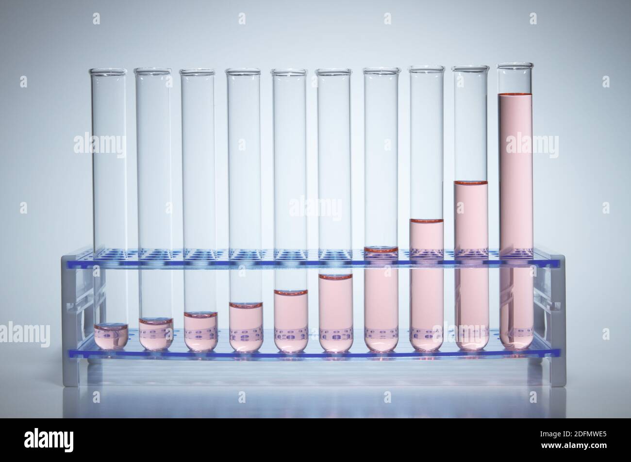 Test tubes. Several test tubes in a rack with an increasing amount of  colored liquid in consecutive tubes. Can be used to illustrate the concept  of gr Stock Photo - Alamy