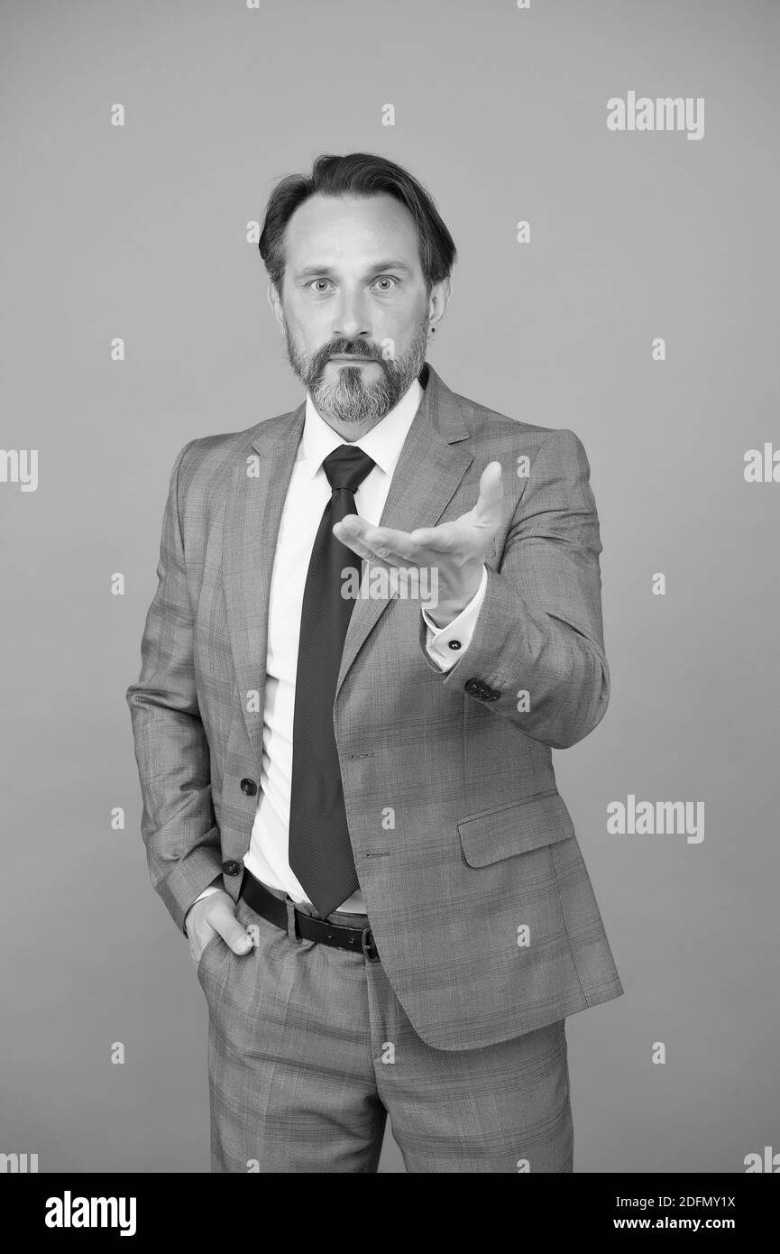 Come for job. Senior employee grey background. Professional employee in