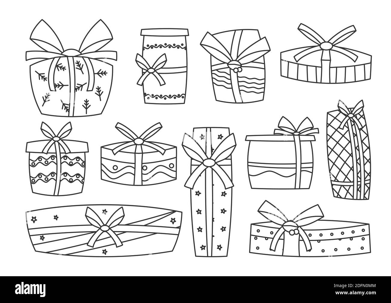 Gift boxes Vector, svg presents. Set of 10 presents and stars. Minimalistic  line art drawing. Hand drawn outline vector illustration. Doodle sketch  style. New Years, christmas, birthday. Stock Vector