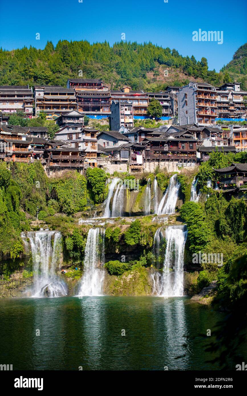 The Wangcun Waterfall at Furong Ancient Town. Amazing beautiful landscape scene of Furong Ancient Town (Furong Zhen, Hibiscus Town), China Stock Photo