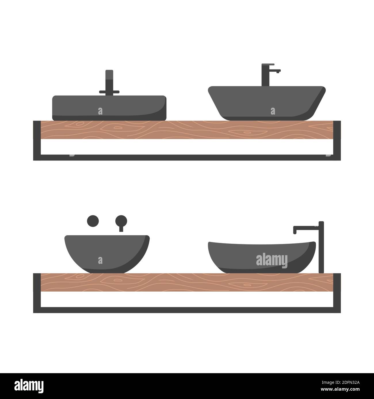 Modern ceramic black vessel sink on a wooden shelf. Stock Vector