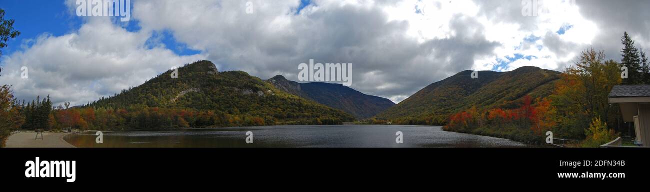 Franconia Notch with fall foliage and Echo Lake panorama in Franconia Notch State Park in White Mountain National Forest, near Lincoln, New Hampshire Stock Photo