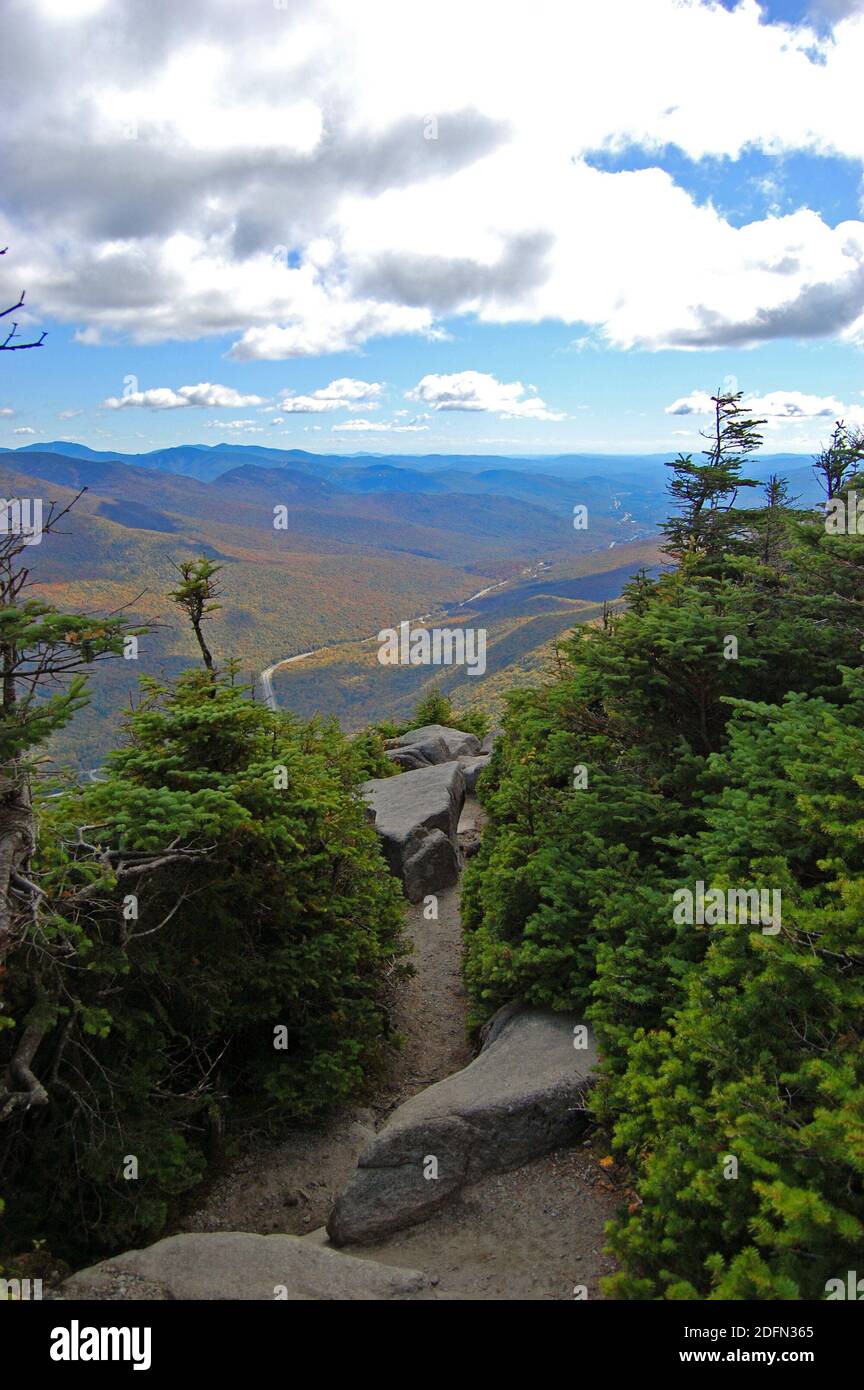 Franconia Notch with fall foliage and Highway I93 aerial view from top