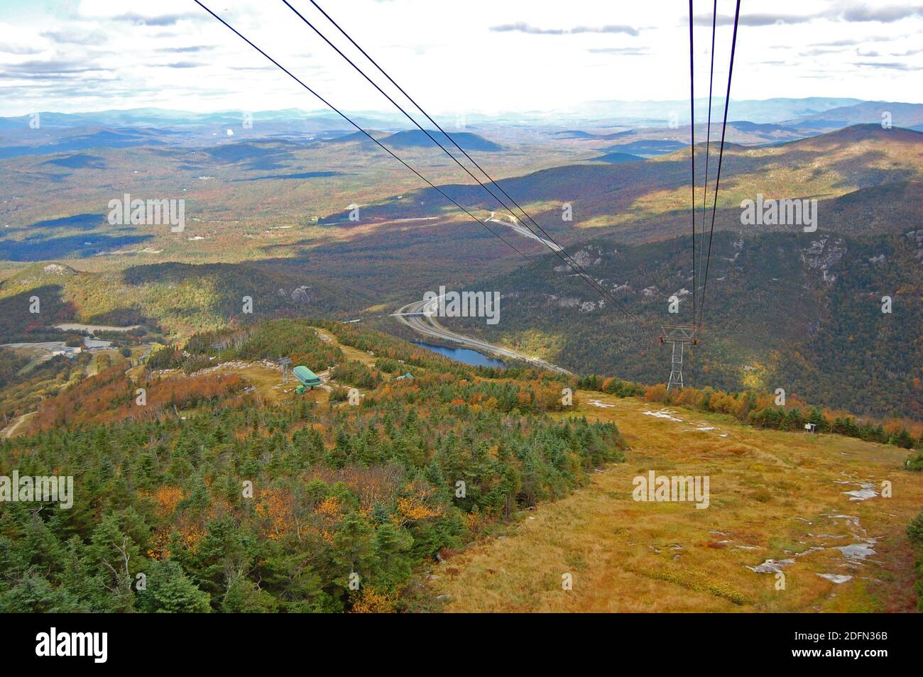 Franconia Notch with fall foliage and Echo Lake aerial view from Cannon