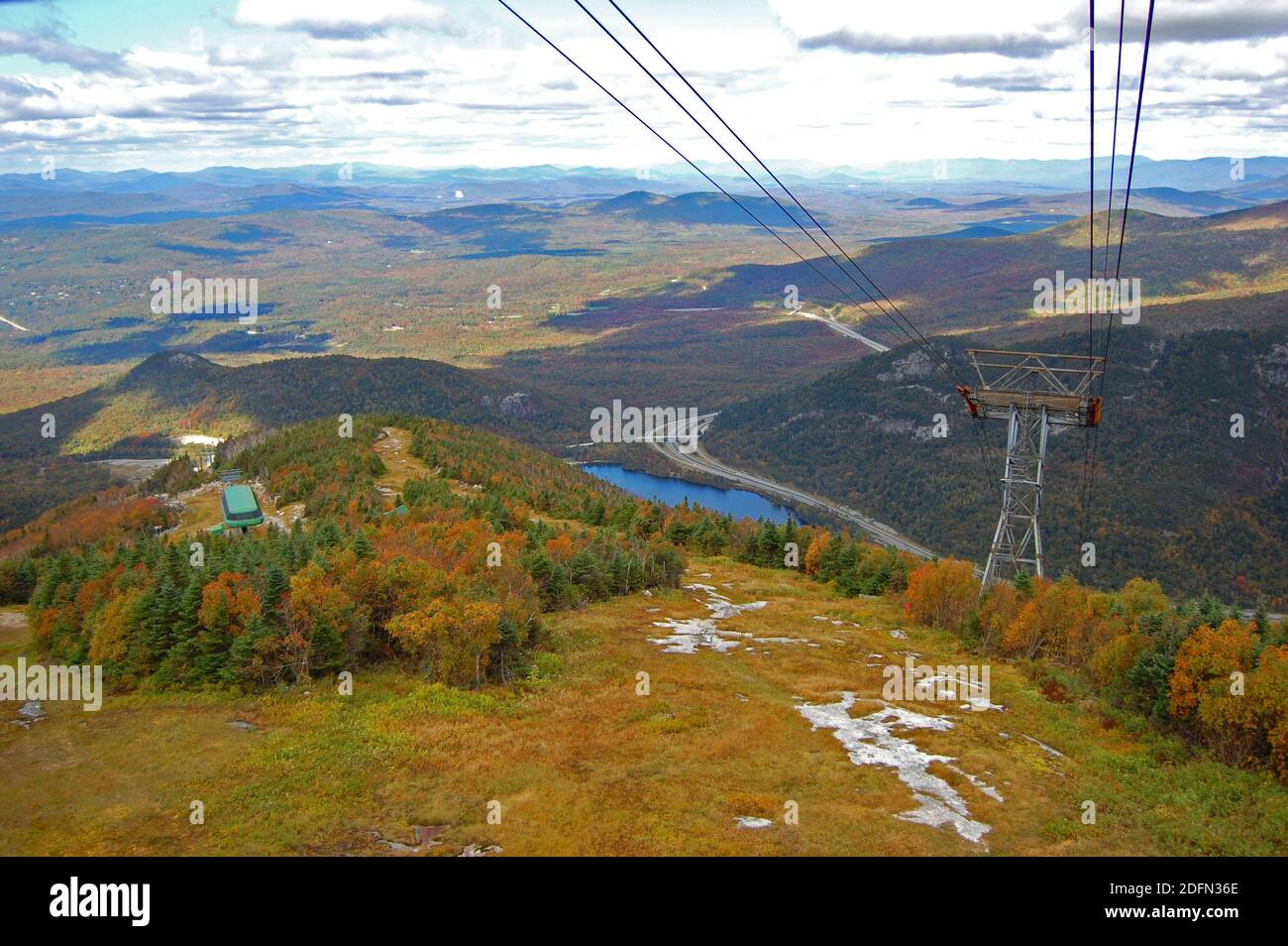 Franconia Notch with fall foliage and Echo Lake aerial view from Cannon Mountain Tramway in