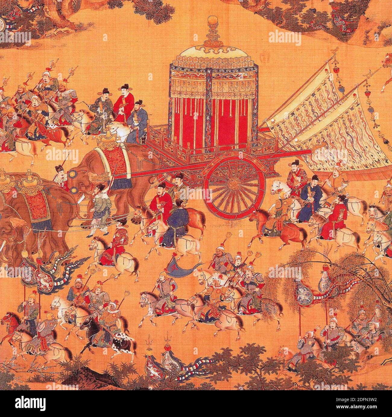The Emperor's Approach, showing the luxury in which the emperor Xuande travelled. Elephants were kept in the imperial elephant stables until around 1900 and were often used for ceremonial occasions, such as the emperor's visits to the Temple of Heaven. Here, however, the large number of horsemen accompanying the emperor's carriage suggests that the emperor was on a much longer journey in the countryside Stock Photo