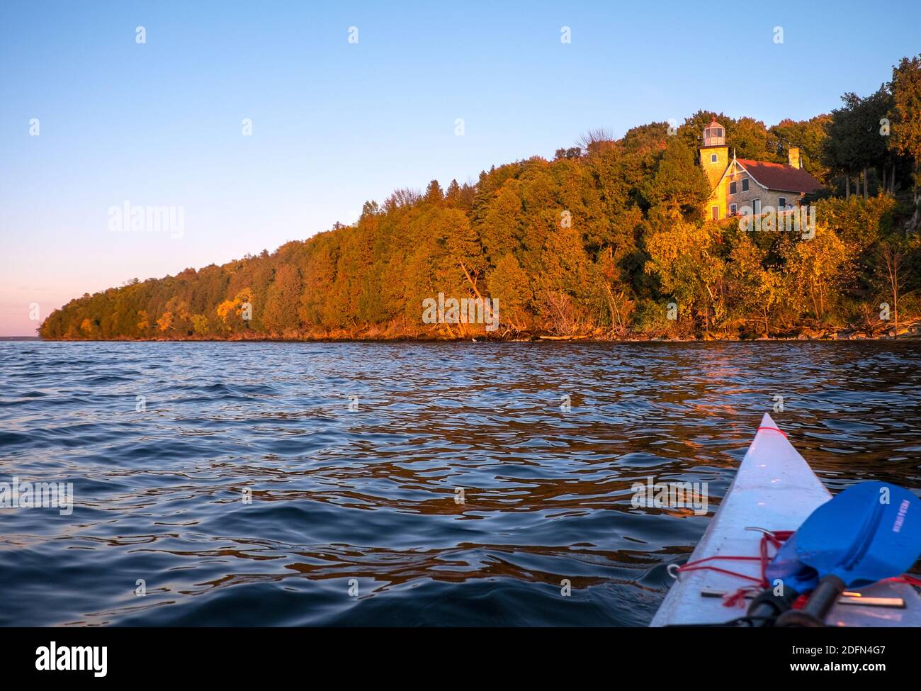 Kayaking off Eagle Bluff Lighthouse, Peninsula State Park, Door County, Wisconsin, USA Stock Photo