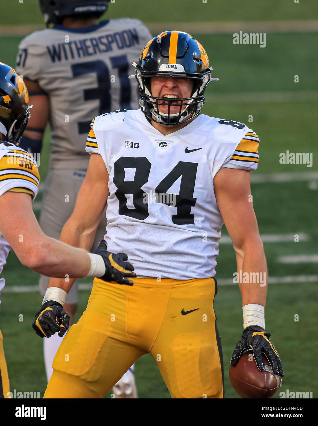 Saturday Dec 5th -Iowa Hawkeyes tight end Sam LaPorta (84) celebrates a touchdown dive into the endzone during NCAA football game action between the University of Illinois Fighting Illini vs the Iowa Hawkeyes at Memorial Stadium in Champaign, ILL Stock Photo